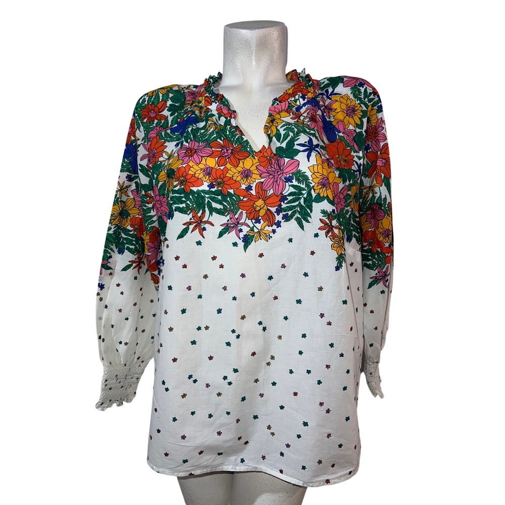 Talbots Plus Petite 1XP Floral Split Neck Cotton Blouse Smocked Cuff White Multi
